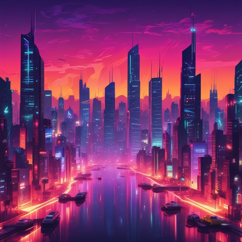 Futuristic cyberpunk cityscape with neon lights